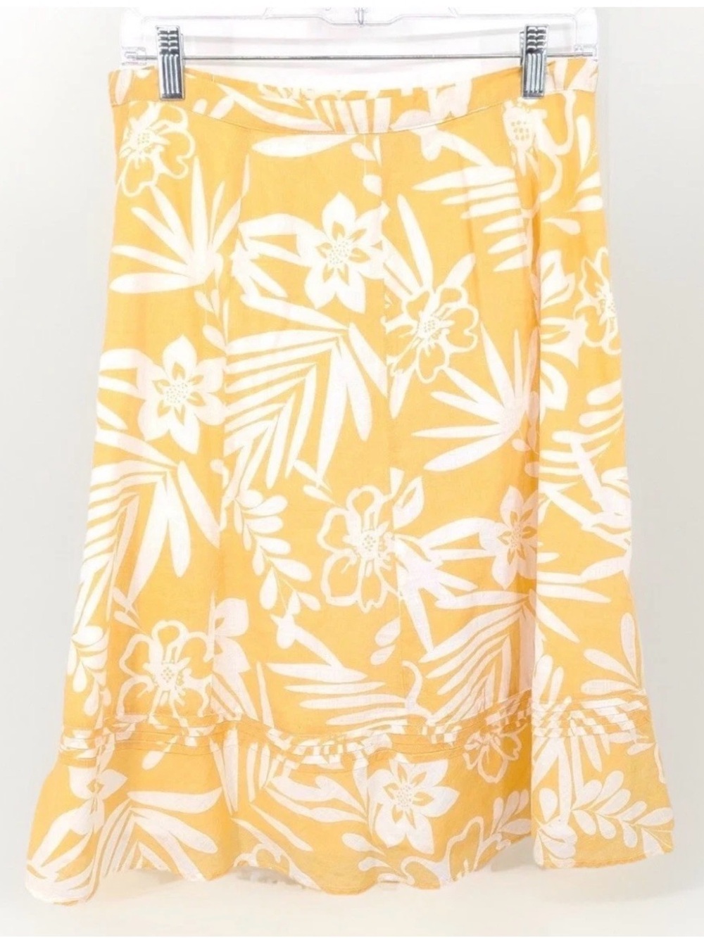Chicos Midi Skirt Women Sz 1 Medium Yellow Floral Tropical Cotton Vacation Lined